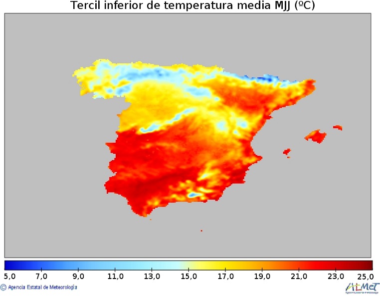 Tercil inferior de la temperatura media (ºC) de la Península y Baleares