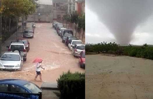 Izquierda, efectos de precipitaciones intensas. Derecha, tornado en Pliego (Murcia) el día 2 de mayo de 2022.