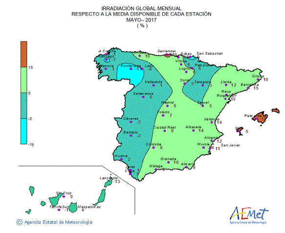 Distribución de la irradiación media global en España (mayo 2017)