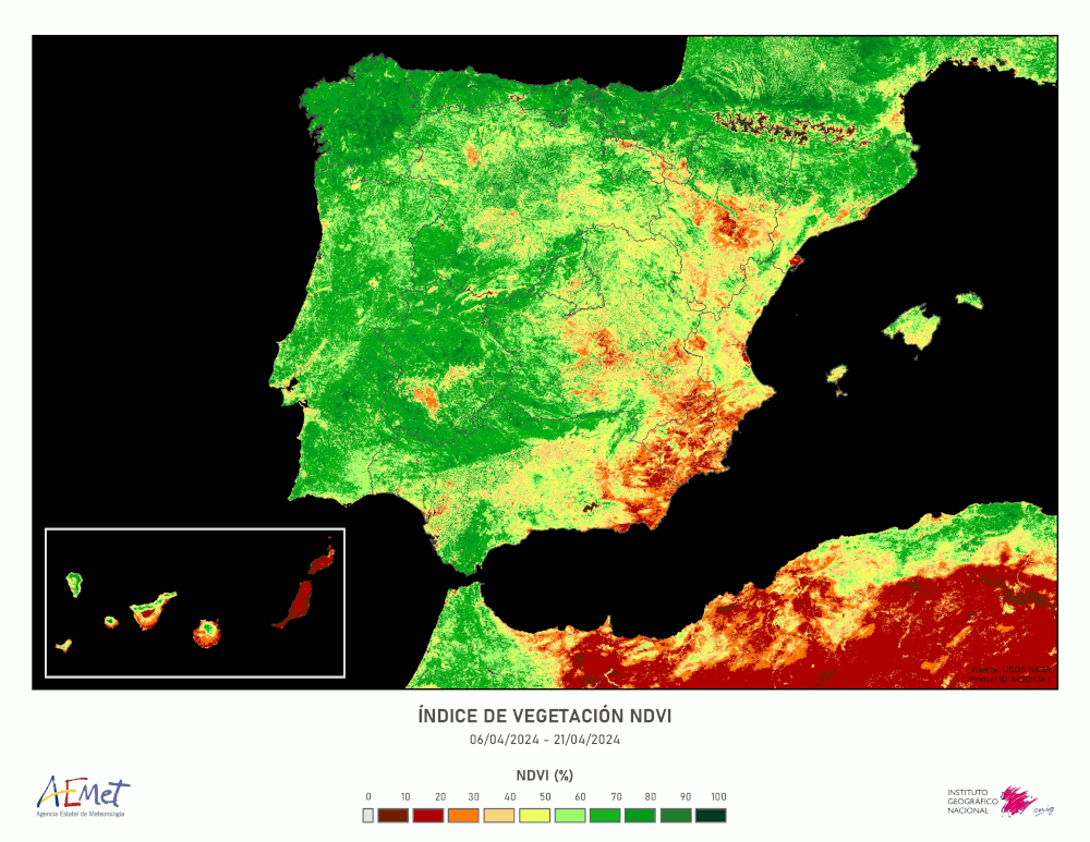 This image is made from NASA's MOD13A1 product with a combination of visible and near-infrared data from the MODIS instrument carried by the Terra and Aqua satellites, which gives an idea of vegetation development. This is because vegetation absorbs a lot of visible channel radiation but strongly reflects near-infrared radiation. The image has a resolution of 500 m, is refreshed every 16 days and shows the data accumulated in the indicated period. The image finally presented here is the result of a collaboration between AEMET and IGN.
