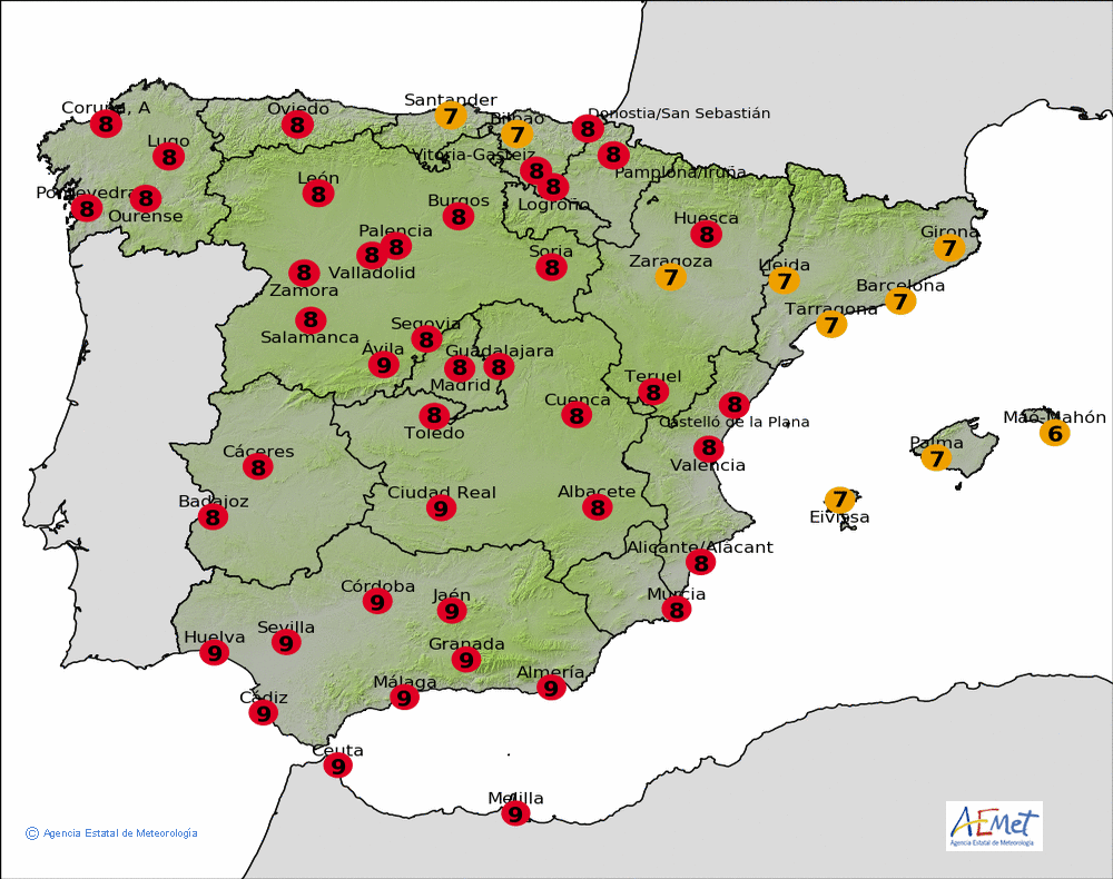 Península i Balears, predicció de Radiació Ultraviolada per al 6 Juliol