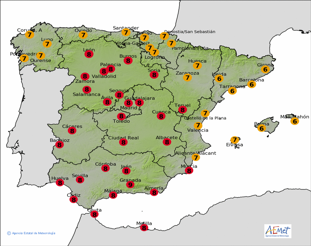 Península i Balears, predicció de Radiació Ultraviolada per al 3 Juliol