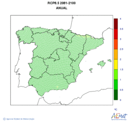 Peninsula y Baleares. Temperatura mnima: Anual. Escenario: RCP 8.5. Incertidumbre