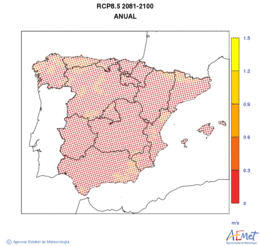 Peninsula y Baleares. Racha mxima diaria a 10m: Anual. Escenario: RCP 8.5. Incertidumbre