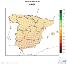 Peninsula and Balearic Islands. Precipitation: Annual. Scenario of emisions (A1B) RCP 8.5. Valor medio