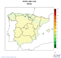 Peninsula y Baleares. Temperatura mxima: Anual. Escenario: RCP 8.5. Valor medio