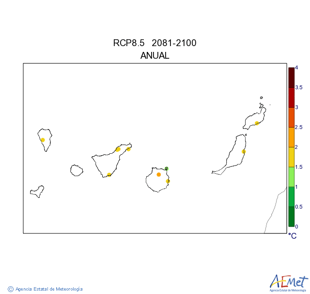 Canarias. Temperatura mxima: Anual. Escenario: RCP 8.5