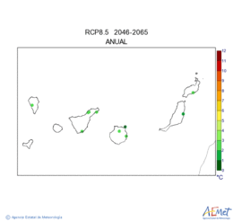 Canarias. Temperatura mxima: Anual. Escenari d'emissions mitj (A1B) RCP 8.5. Valor medio