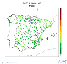 Peninsula and Balearic Islands. Minimum temperature: Annual. Scenario of emisions (A1B) RCP 8.5. Incertidumbre