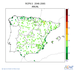 Peninsula and Balearic Islands. Maximum temperature: Annual. Scenario of emisions (A1B) RCP 8.5. Incertidumbre