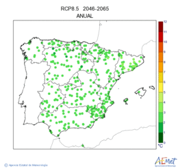 Peninsula y Baleares. Temperatura mnima: Anual. Escenario: RCP 8.5. Valor medio