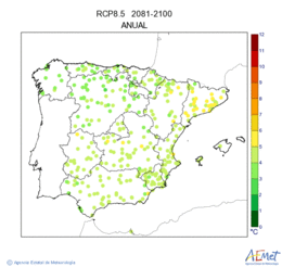 Peninsula y Baleares. Temperatura mnima: Anual. Escenario: RCP 8.5. Valor medio