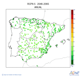 Pennsula i Balears. Temperatura mxima: Anual. Escenari d'emissions mitj (A1B) RCP 8.5. Valor medio