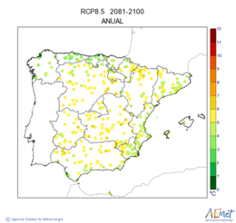 Peninsula y Baleares. Temperatura mxima: Anual. Escenario: RCP 8.5. Valor medio