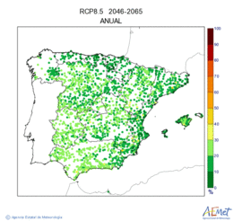 Peninsula and Balearic Islands. Precipitation: Annual. Scenario of emisions (A1B) RCP 8.5. Incertidumbre