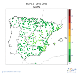Peninsula y Baleares. Temperatura mnima: Anual. Escenario: RCP 8.5. Incertidumbre