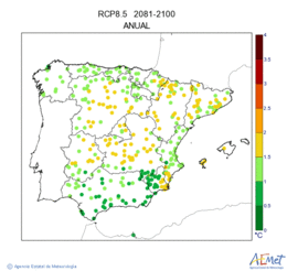 Peninsula and Balearic Islands. Minimum temperature: Annual. Scenario of emisions (A1B) RCP 8.5. Incertidumbre