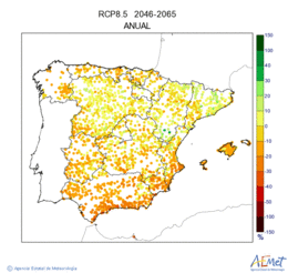 Peninsula and Balearic Islands. Precipitation: Annual. Scenario of emisions (A1B) RCP 8.5. Valor medio