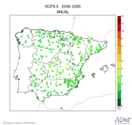 Peninsula and Balearic Islands. Minimum temperature: Annual. Scenario of emisions (A1B) RCP 8.5. Valor medio