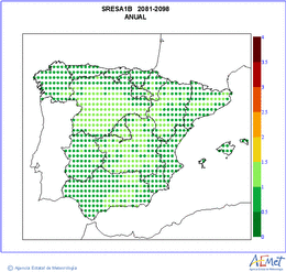 Peninsula and Balearic Islands. Minimum temperature: Annual. Scenario of emisions (A1B) A1B. Incertidumbre