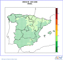 Peninsula and Balearic Islands. Maximum temperature: Annual. Scenario of emisions (A1B) A1B. Incertidumbre
