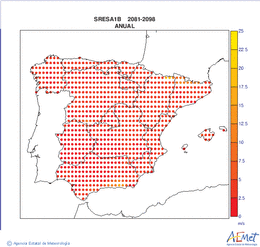 Peninsula and Balearic Islands. Racha mxima diaria a 10m: Annual. Scenario of emisions (A1B) A1B. Incertidumbre