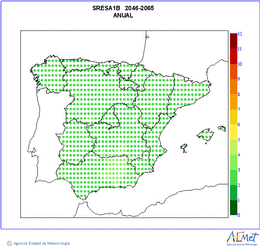 Peninsula y Baleares. Temperatura mxima: Anual. Escenario: A1B. Valor medio