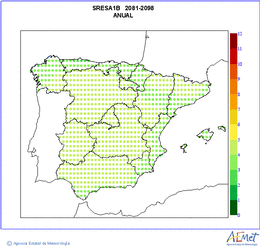 Peninsula y Baleares. Temperatura mxima: Anual. Escenario: A1B. Valor medio