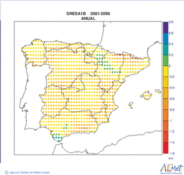Peninsula and Balearic Islands. Racha mxima diaria a 10m: Annual. Scenario of emisions (A1B) A1B. Valor medio