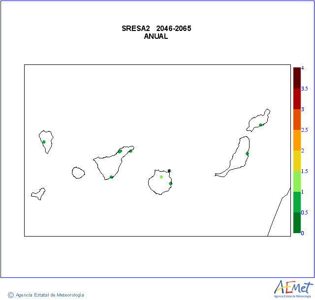 Canarias. Gehieneko tenperatura: Urtekoa. Igorpen-agertoki baterako (A1B) A2