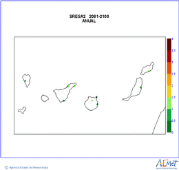 Canarias. Maximum temperature: Annual. Scenario of emisions (A1B) A2. Incertidumbre