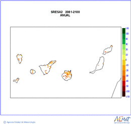 Canarias. Precipitation: Annual. Scenario of emisions (A1B) A2. Valor medio