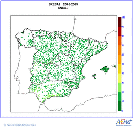 Peninsula and Balearic Islands. Precipitation: Annual. Scenario of emisions (A1B) A2. Incertidumbre