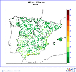 Peninsula and Balearic Islands. Precipitation: Annual. Scenario of emisions (A1B) A2. Incertidumbre