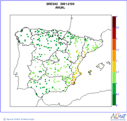 Peninsula y Baleares. Temperatura mnima: Anual. Escenario: A2. Incertidumbre
