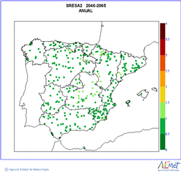 Peninsula and Balearic Islands. Maximum temperature: Annual. Scenario of emisions (A1B) A2. Incertidumbre