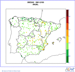 Peninsula and Balearic Islands. Maximum temperature: Annual. Scenario of emisions (A1B) A2. Incertidumbre