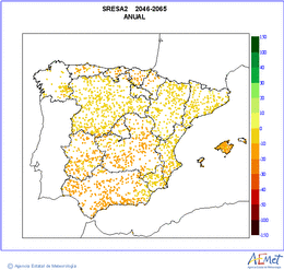 Peninsula and Balearic Islands. Precipitation: Annual. Scenario of emisions (A1B) A2. Valor medio