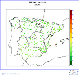 Peninsula and Balearic Islands. Minimum temperature: Annual. Scenario of emisions (A1B) A2. Valor medio