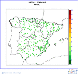 Peninsula y Baleares. Temperatura mxima: Anual. Escenario: A2. Valor medio
