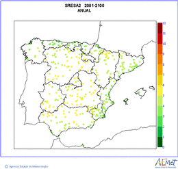 Peninsula y Baleares. Temperatura mxima: Anual. Escenario: A2. Valor medio