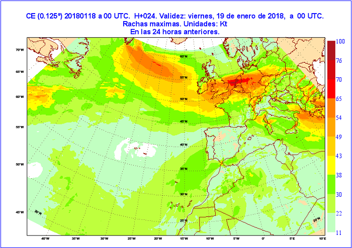 Rachas máximas de viento en nudos previstas por el modelo determinista del ECMWF del día 18 a las 00 para todo el día 18