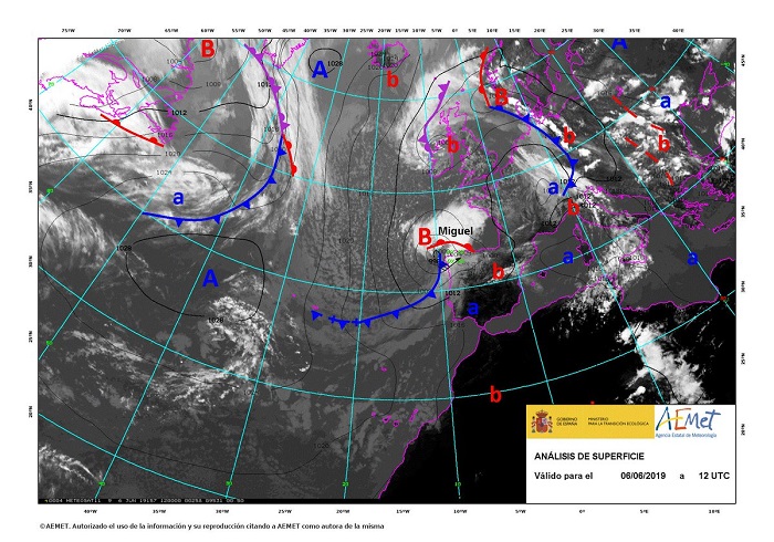 Análisis de superficie del día 6 de junio de 2019 a las 12 UTC, mostrando la borrasca Miguel sobre Galicia