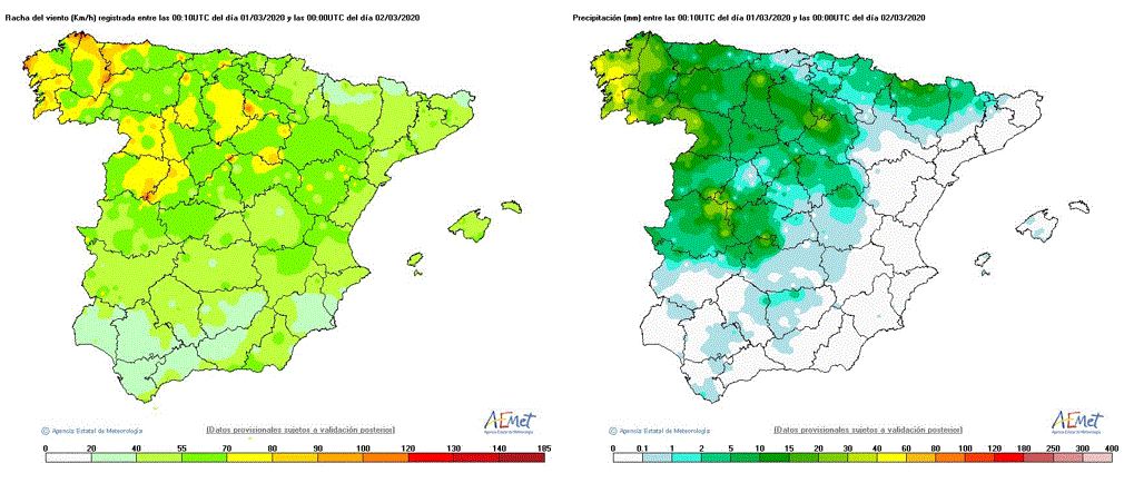 Racha máximas (izquierda) y precipitación acumuladas (derecha) durante el día 1 de marzo. En algunos puntos de Galicia se superaron los 60 mm en 24 horas, con un máximo de 80.2 mm en Rois, Casas do Porto (Coruña)