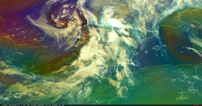 Borrasca Gaetan el día 20 de enero a las 06:00 UTC. Imagen RGB de masas de aire del MSG
