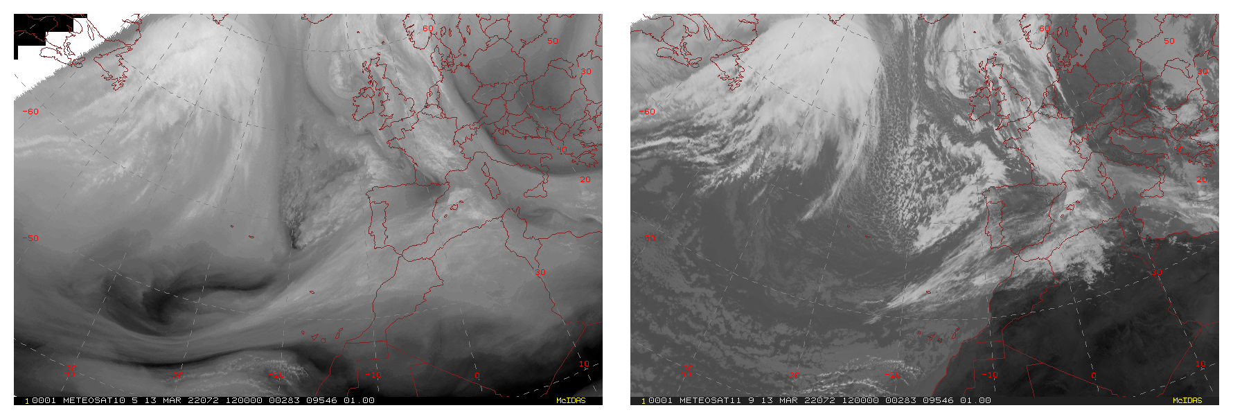 Formación y evolución de la borrasca Celia. Loop de imágenes cada tres horas de los canales vapor de agua (izquierda) e infrarrojo (derecha) del satélite Meteosat entre las 12 UTC del día 13 y las 21 UTC del día 15
