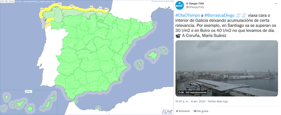 Avisos emitidos el viernes 8 de julio (izquierda) y tuit sobre las precipitaciones acumuladas ese día en el interior de Galicia
