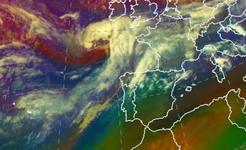 Borrasca Diego al nororeste de Galicia el día 8 de abril a las 00 UTC (imagen RGB de masas de aire del satélite Meteosat)