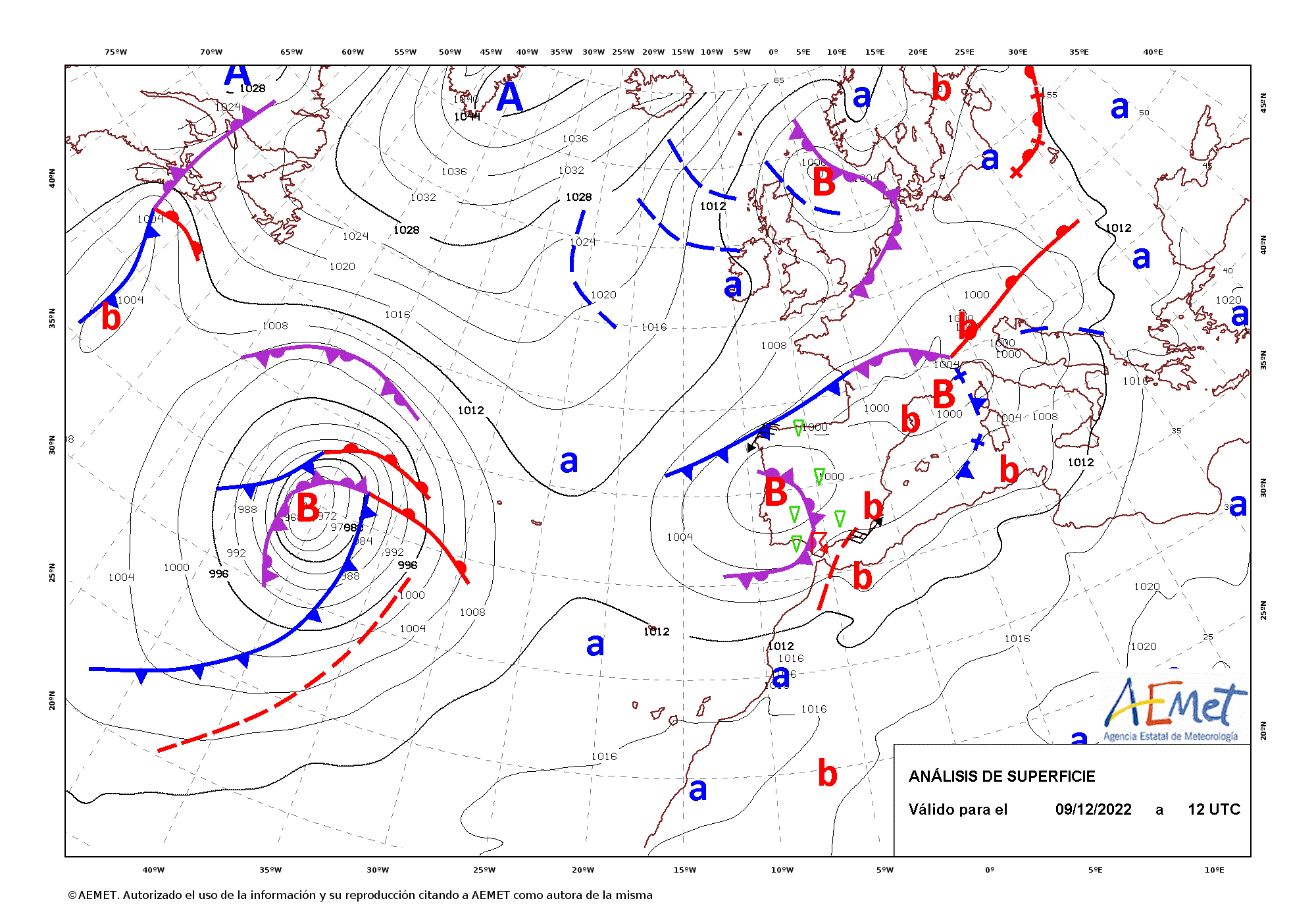 Análisis de superficie de las 12 UTC entre los días 9 y 16 de diciembre de 2022.