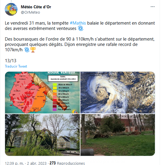 Tweet relativo a alguno de los impactos que Mathis provocó el día 31 de marzo en Francia.